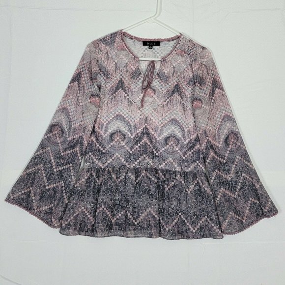 BLEU Top Womens S Pink Gray Long Bell Sleeve Boho Peasant Blouse Rhinestones - Picture 2 of 12